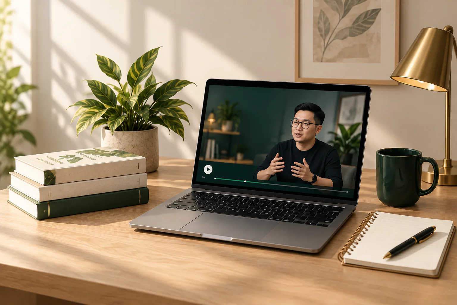 Không gian học tập Money Studio với sách, máy tính và bài giảng từ chuyên gia